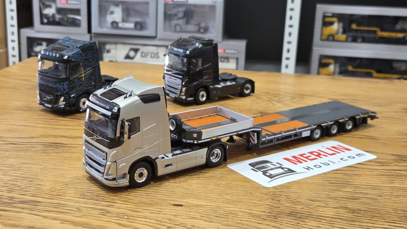  1/50 Volvo FH5 Globerotter 4x2 - GRİ + Lowbed Dorseli 3 Aks