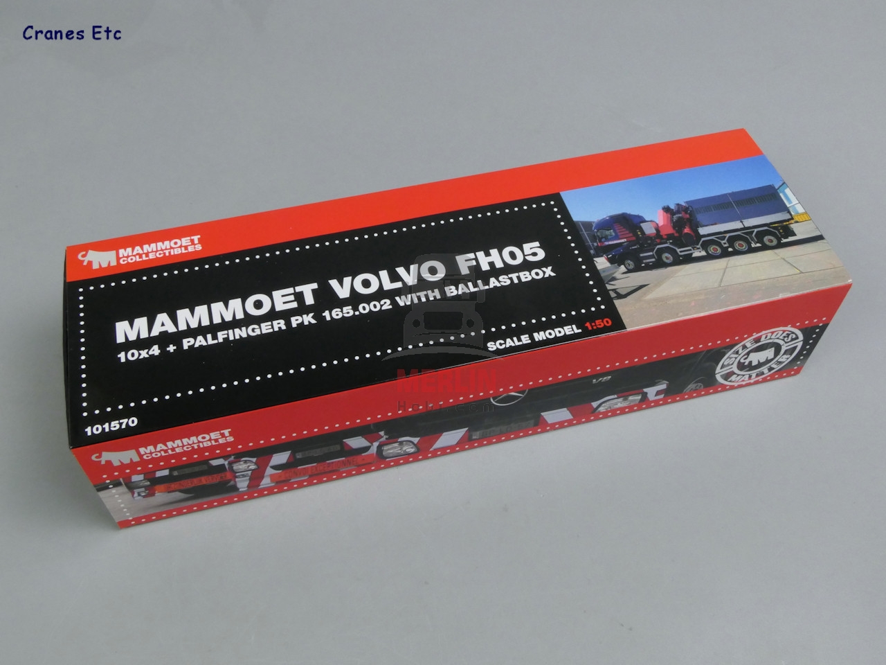 1/50 MAMMOET; VOLVO FH5 GLOBETROTTER 10X4 TAG AXLE WITH PALFINGER 165002 + JIB AND BALLASTBOX WITH HITCH