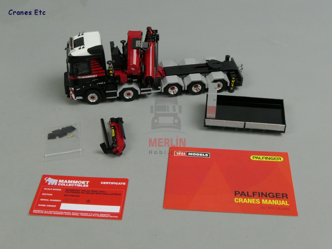 1/50 MAMMOET; VOLVO FH5 GLOBETROTTER 10X4 TAG AXLE WITH PALFINGER 165002 + JIB AND BALLASTBOX WITH HITCH