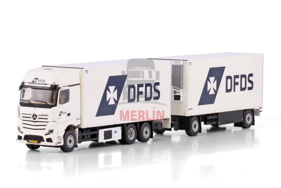 1/50 DFDS; MERCEDES-BENZ ACTROS MP5 GIGA SPACE RIGED REEFER TRUCK 6X2 TAG AXLE RIGED REEFER DRAWBAR TURNTABLE TRAILER - 5 AXLE