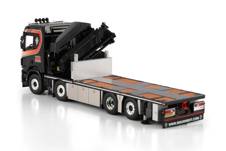1/50 Bouwrent; SCANIA R NORMAL CR20N 8X2 TAG AXLE RIGED FLATBED TRUCK WITH PALFINGER PK 78002 SH + JIB