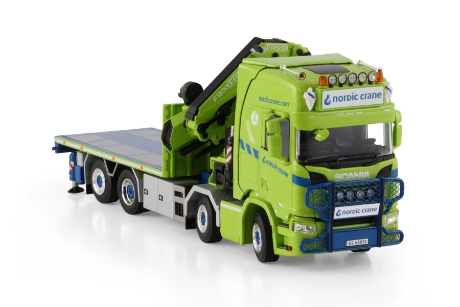 1/50 Nordic Crane Kynningsrud; SCANIA R HIGHLINE CR20H RIGED FLATBED TRUCK 8X2 TAG AXLE WITH FASSI 1100 + JIB