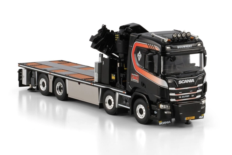 1/50 Bouwrent; SCANIA R NORMAL CR20N 8X2 TAG AXLE RIGED FLATBED TRUCK WITH PALFINGER PK 78002 SH + JIB