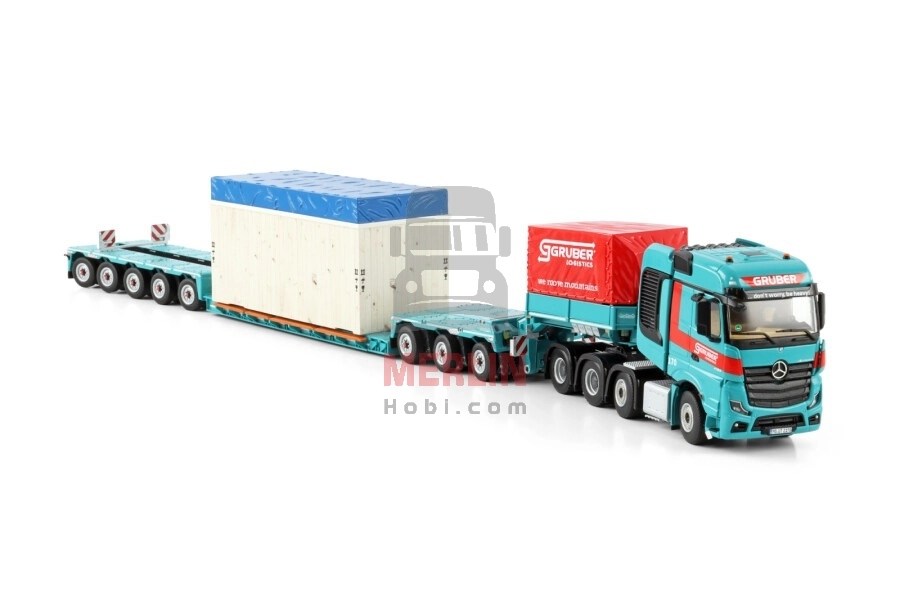 1/50 Gruber; MERCEDES-BENZ ACTROS MP5 SLT BIG SPACE 8X4 LOW LOADER WITH DOLLY 3 AXLE - 5 AXLE