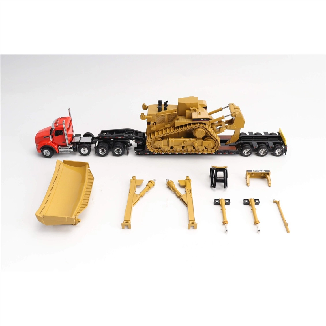 1/50, Kenworth T880 Çekici, King TK120 Alçak Treyler Dorse ve Cat D11R Dozer, 3lü Set, Sergilemeye