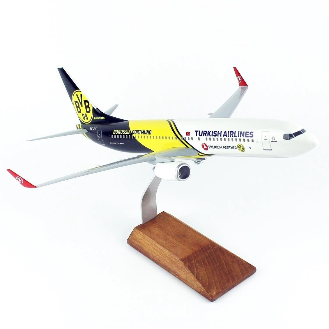 1/100 Ölçek, THY Borissia Dortmund Logolu B737-800 Yolcu Uçağı, Sergilemeye Hazır Ahşap Standlı Model