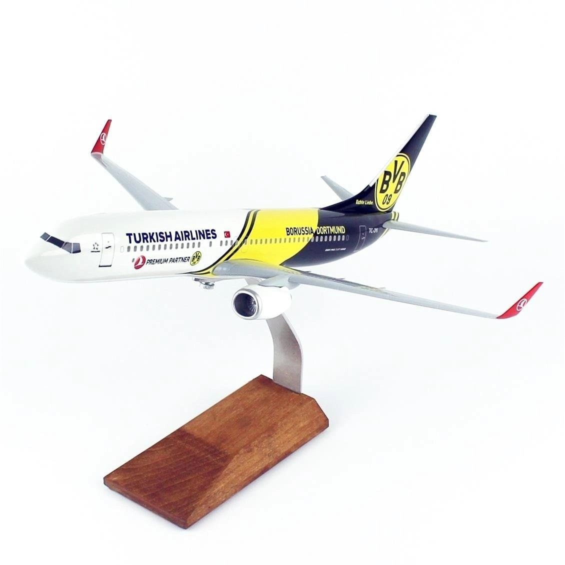 1/100 Ölçek, THY Borissia Dortmund Logolu B737-800 Yolcu Uçağı, Sergilemeye Hazır Ahşap Standlı Model