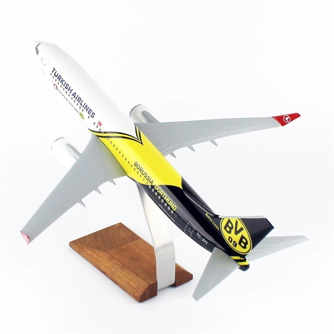 1/100 Ölçek, THY Borissia Dortmund Logolu B737-800 Yolcu Uçağı, Sergilemeye Hazır Ahşap Standlı Model
