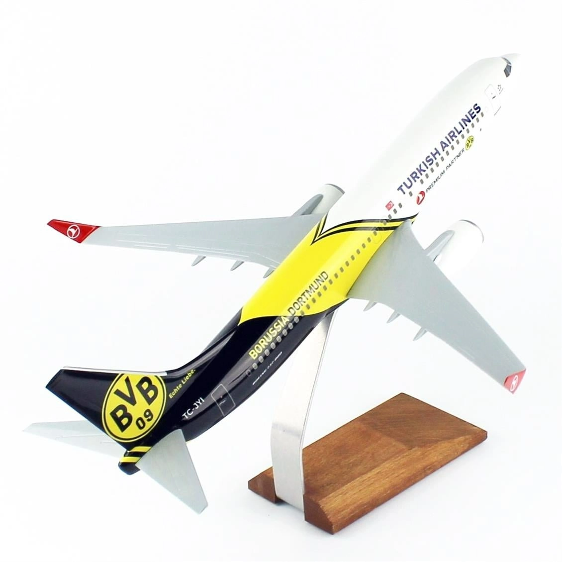 1/100 Ölçek, THY Borissia Dortmund Logolu B737-800 Yolcu Uçağı, Sergilemeye Hazır Ahşap Standlı Model