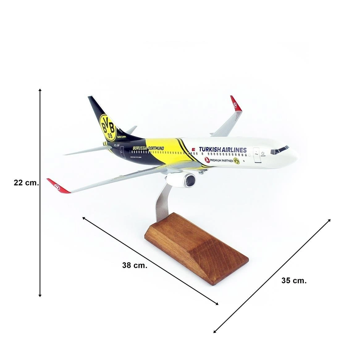 1/100 Ölçek, THY Borissia Dortmund Logolu B737-800 Yolcu Uçağı, Sergilemeye Hazır Ahşap Standlı Model