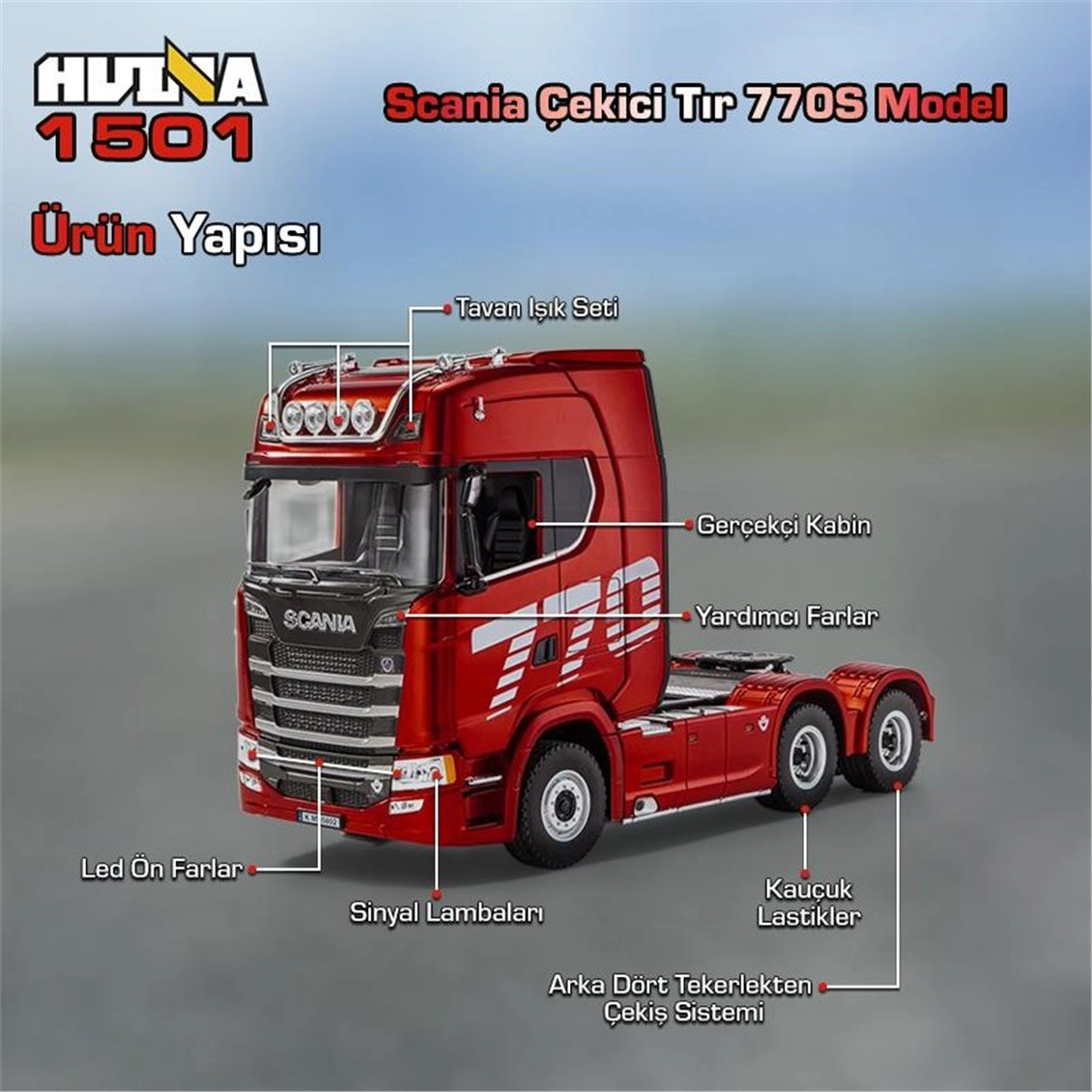 1/18 Ölçek, SCANIA Çekici ve Yarı Römorklu Alçak Kasa Dorse, Metal Destekli, 19 Kanal Uzaktan Kumandalı TIR