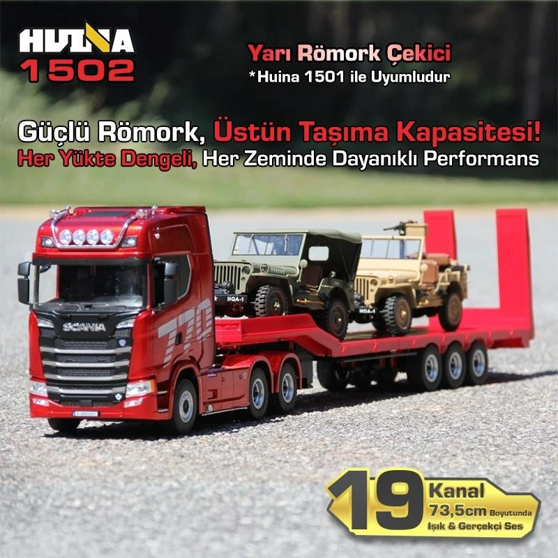 1/18 Ölçek, SCANIA Çekici ve Yarı Römorklu Alçak Kasa Dorse, Metal Destekli, 19 Kanal Uzaktan Kumandalı TIR
