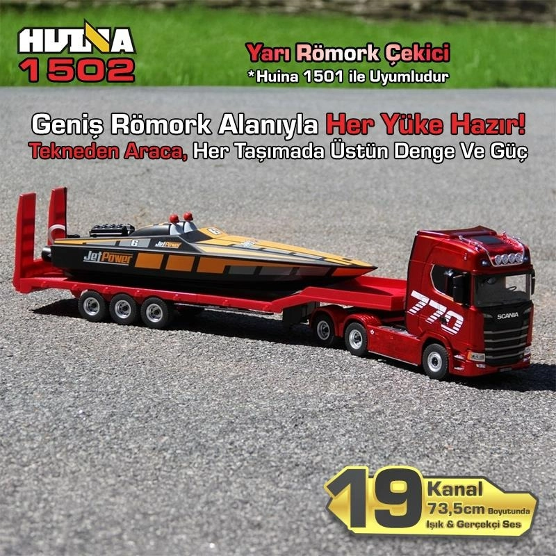 1/18 Ölçek, SCANIA Çekici ve Yarı Römorklu Alçak Kasa Dorse, Metal Destekli, 19 Kanal Uzaktan Kumandalı TIR