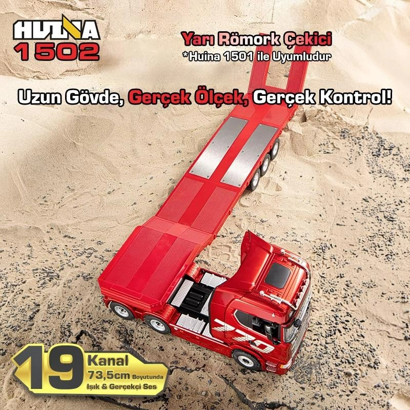 1/18 Ölçek, SCANIA Çekici ve Yarı Römorklu Alçak Kasa Dorse, Metal Destekli, 19 Kanal Uzaktan Kumandalı TIR