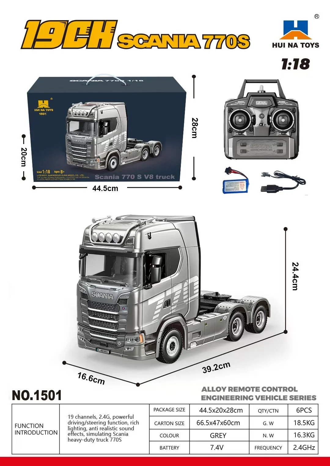1/18 Ölçek, SCANIA Çekici ve Yarı Römorklu Alçak Kasa Dorse, Metal Destekli, 19 Kanal Uzaktan Kumandalı TIR