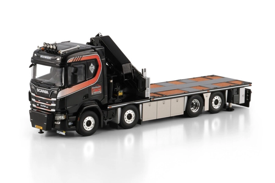 1/50 Bouwrent; SCANIA R NORMAL CR20N 8X2 TAG AXLE RIGED FLATBED TRUCK WITH PALFINGER PK 78002 SH + JIB