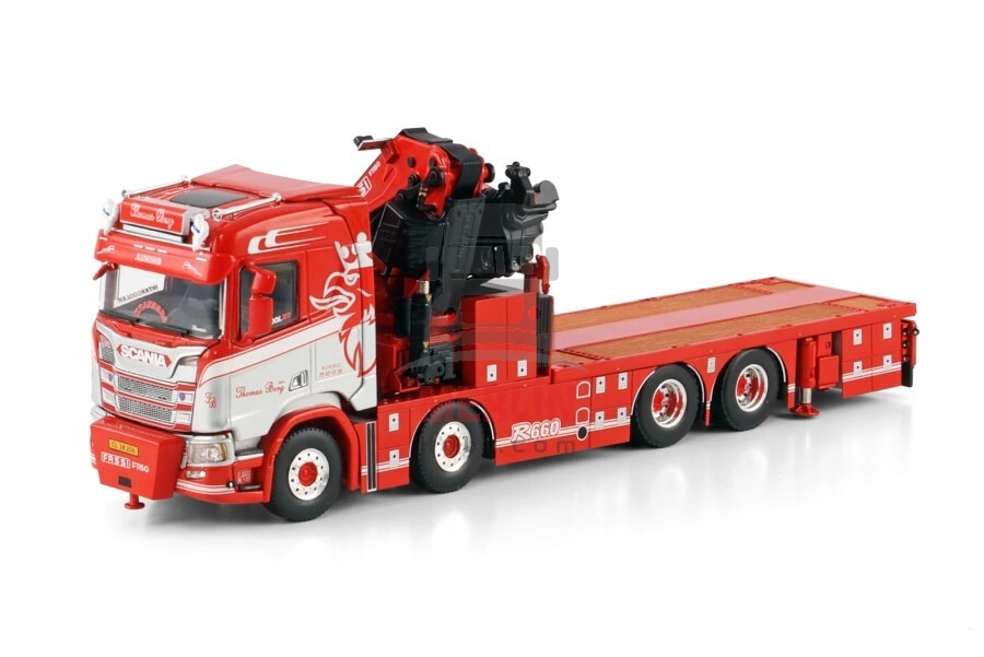 1/50 Thomas Berg; SCANIA R NORMAL CR20N 8X4 RIGED FLATBED TRUCK WITH FASSI 1100 + JIB