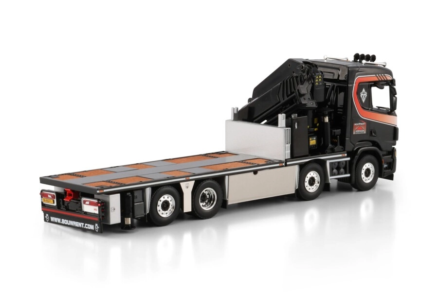 1/50 Bouwrent; SCANIA R NORMAL CR20N 8X2 TAG AXLE RIGED FLATBED TRUCK WITH PALFINGER PK 78002 SH + JIB