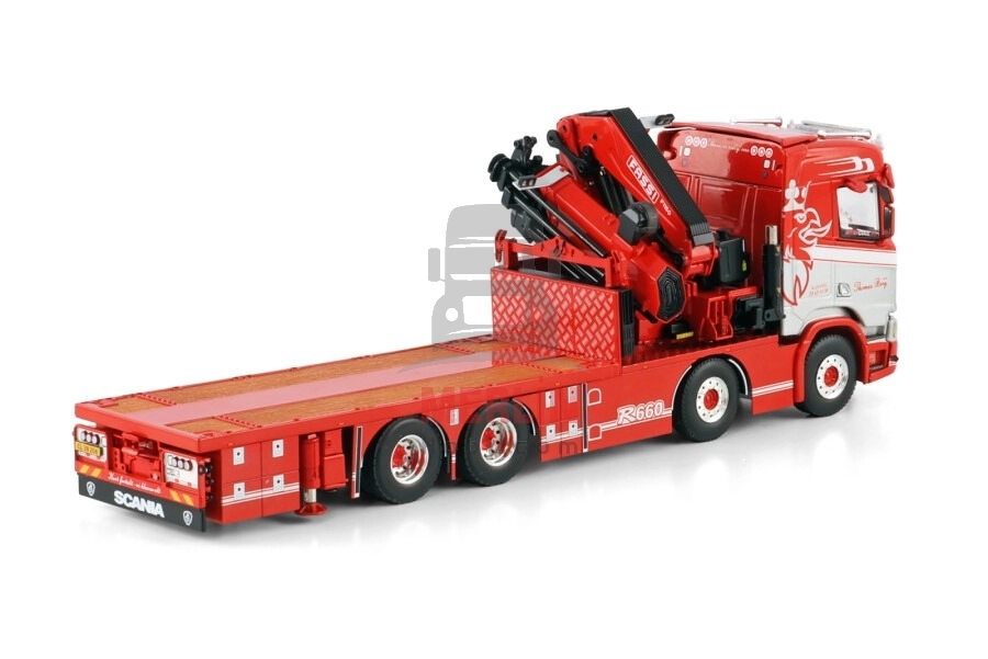 1/50 Thomas Berg; SCANIA R NORMAL CR20N 8X4 RIGED FLATBED TRUCK WITH FASSI 1100 + JIB
