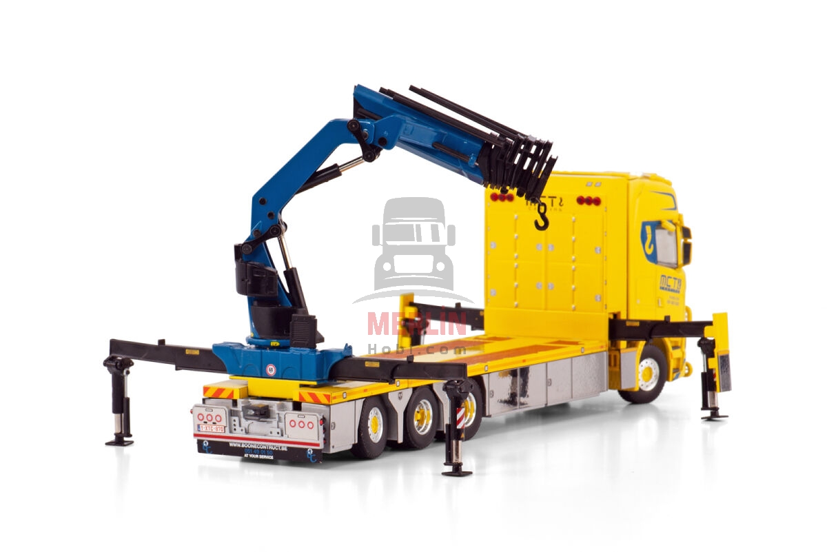 1/50 MCT-CRANING; SCANIA S HIGHLINE CS20H 8X4 RIGED FLAT BED TRUCK WITH LOADER CRANE + JIB
