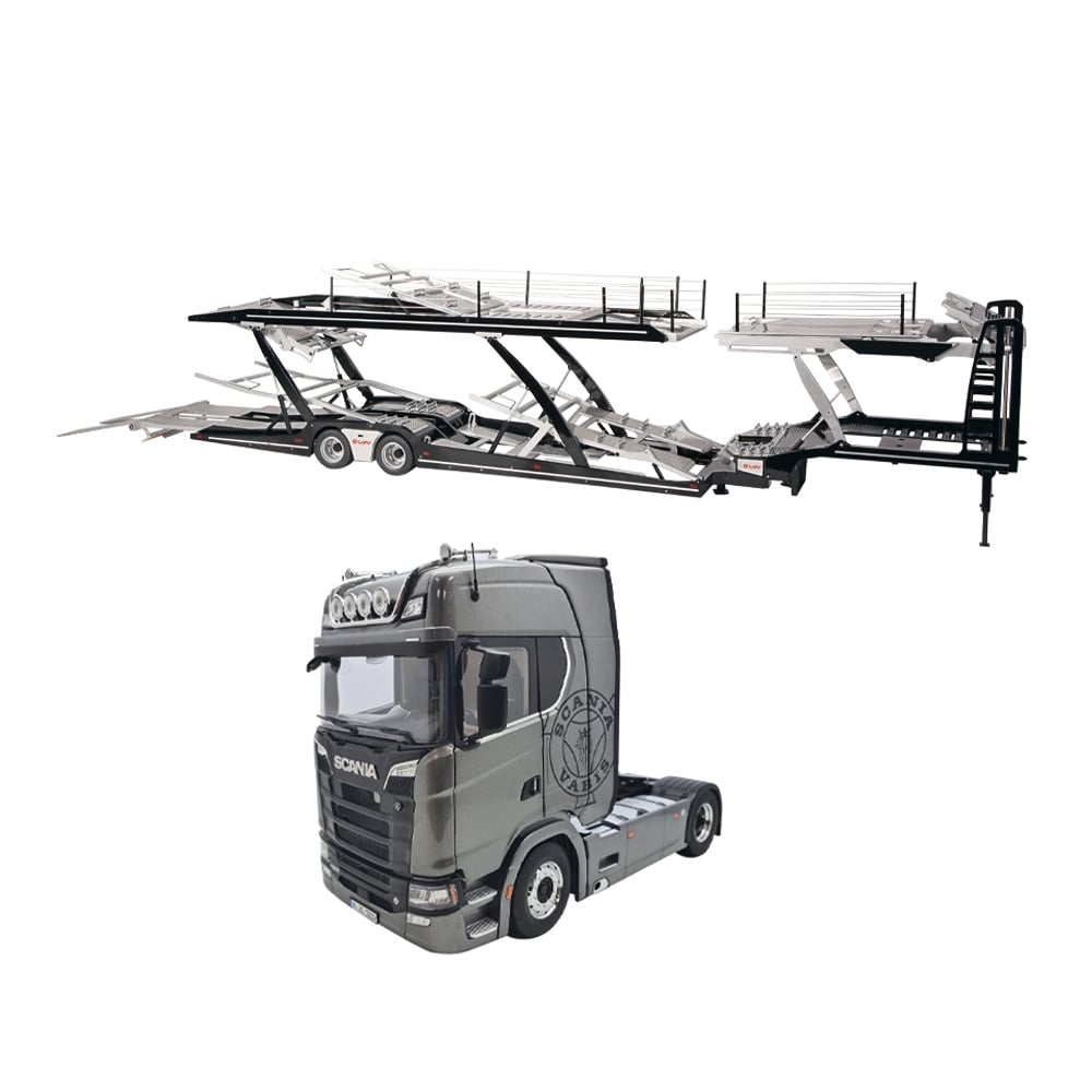 1/18 Scania V8 730S 4x2 grey with Vabis Logo & Lohr car transporter