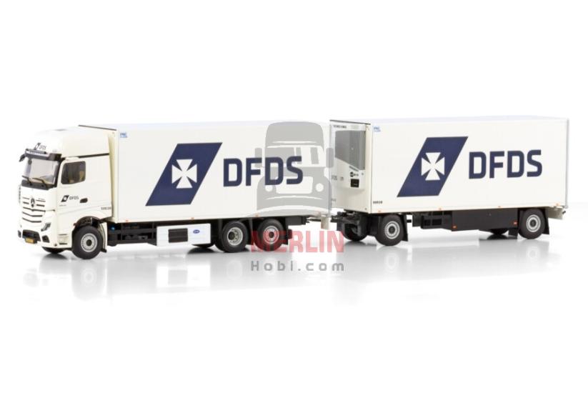 1/50 DFDS; MERCEDES-BENZ ACTROS MP5 GIGA SPACE RIGED REEFER TRUCK 6X2 TAG AXLE RIGED REEFER DRAWBAR TURNTABLE TRAILER - 5 AXLE