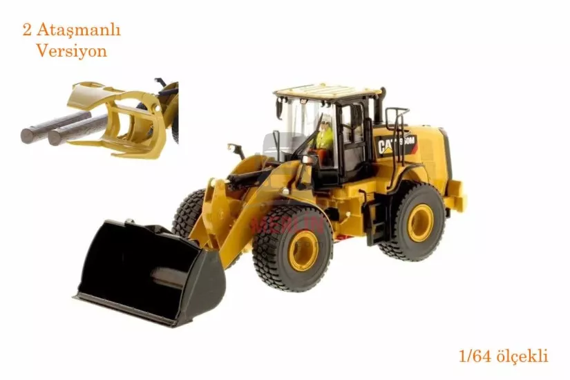 1/64 Ölçek, Cat 950M Kova ve Kütük Taşıma Çatallı Loder, Sergilemeye Hazır Metal İş Makinası Modeli