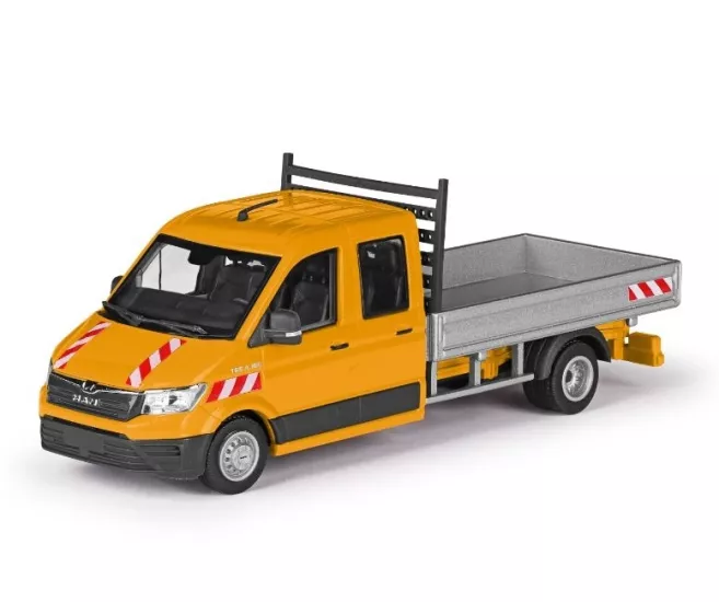 1/50  MAN TGE 4.180 platformlu, turuncu renkli, çift kabinli panelvan