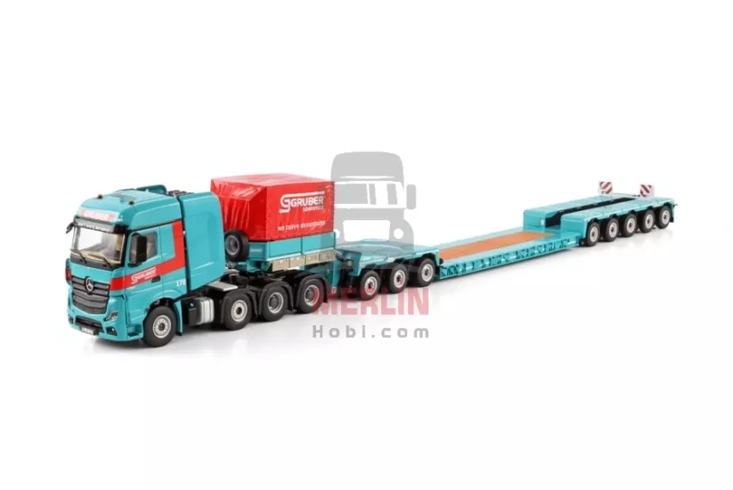 1/50 Gruber; MERCEDES-BENZ ACTROS MP5 SLT BIG SPACE 8X4 LOW LOADER WITH DOLLY 3 AXLE - 5 AXLE