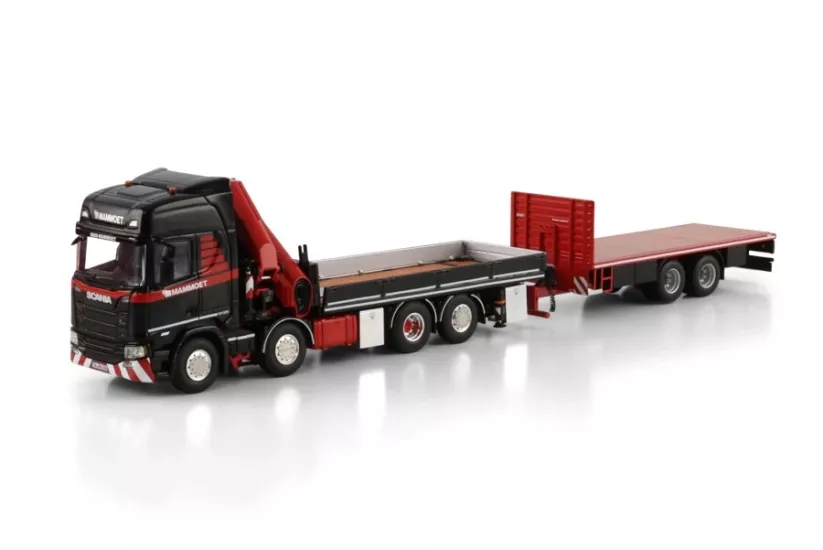 1/50 Mammoet; SCANIA R HIGHLINE CR20H RIGED FLATBED TRUCK 8X2 TAG AXLE RIGED FLATBED TRUCK DRAWBAR TRAILER - 6 AXLE WITH PALFINGER PK 370 TEC