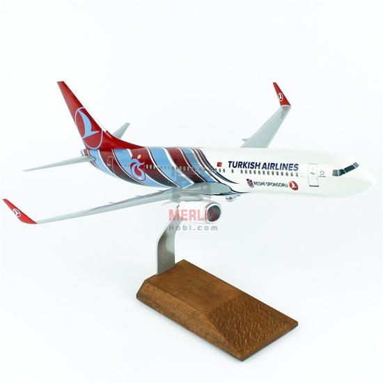 1/100 Ölçek, THY Trabzon Spor Logolu B737-800 Yolcu Uçağı, Sergilemeye Hazır Ahşap Standlı