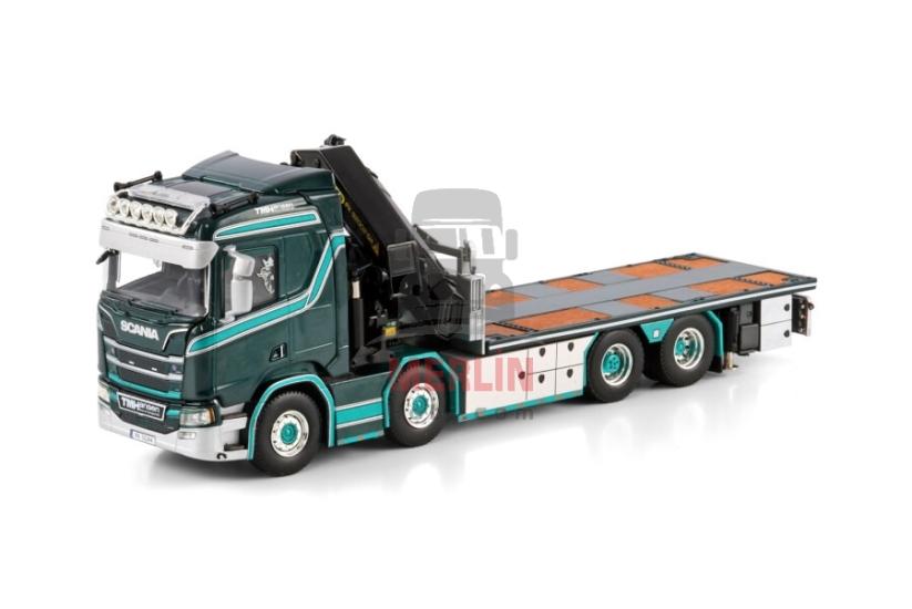 1/50 TM Hansen; SCANIA R NORMAL CR20N RIGED FLATBED TRUCK 8X2 TAG AXLE WITH PALFINGER PK 92002 SH + JIB