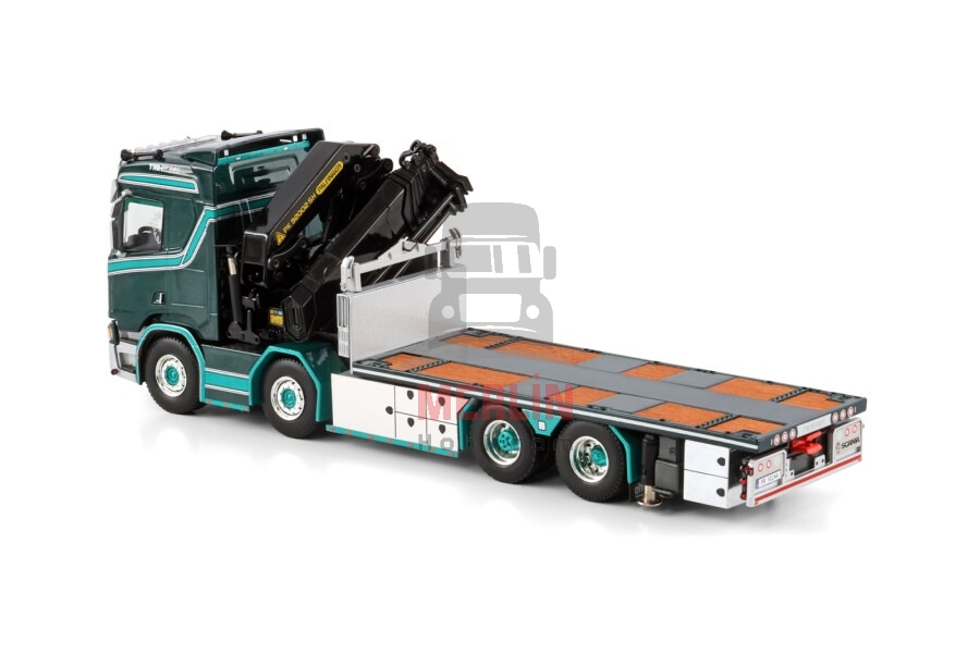 1/50 TM Hansen; SCANIA R NORMAL CR20N RIGED FLATBED TRUCK 8X2 TAG AXLE WITH PALFINGER PK 92002 SH + JIB
