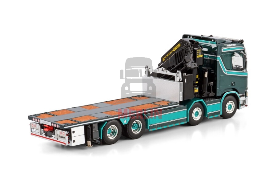 1/50 TM Hansen; SCANIA R NORMAL CR20N RIGED FLATBED TRUCK 8X2 TAG AXLE WITH PALFINGER PK 92002 SH + JIB