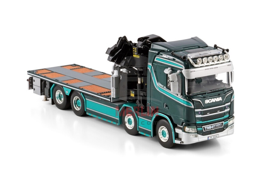 1/50 TM Hansen; SCANIA R NORMAL CR20N RIGED FLATBED TRUCK 8X2 TAG AXLE WITH PALFINGER PK 92002 SH + JIB