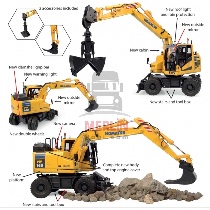 1/50 ölçek Komatsu PW148-11 on wheeles with bucket and clamshell Excavator Diecast