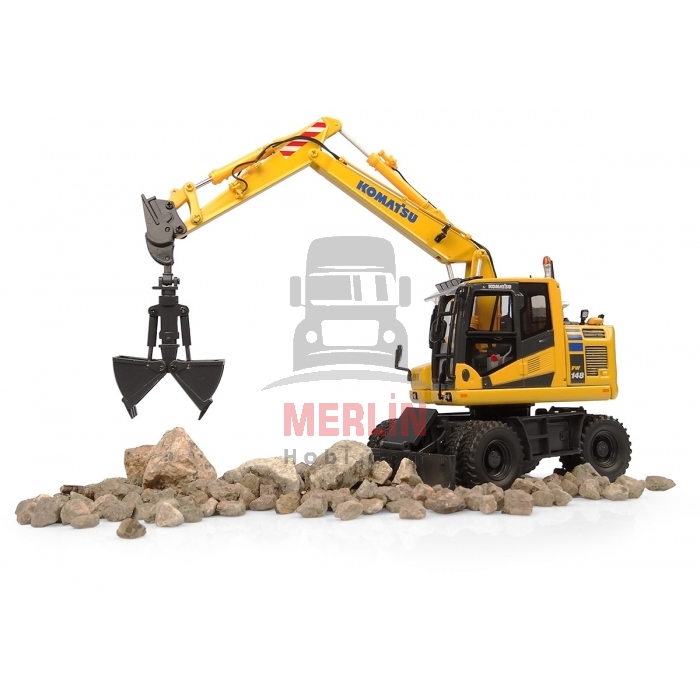 1/50 ölçek Komatsu PW148-11 on wheeles with bucket and clamshell Excavator Diecast